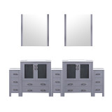 Lexora LVV96D30B610 Volez 96 inch W Dark Grey Double Sink Vanity Cabinet with Side Cabinets, White Ceramic Top, and 28 in Mirrors