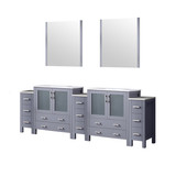 Lexora Volez 96 inch W Dark Grey Double Sink Vanity Cabinet with Side Cabinets, White Ceramic Top, and 28 in Mirrors
