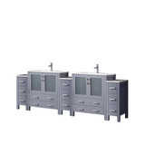 Lexora Volez 96 inch W Dark Grey Double Sink Vanity Cabinet with Side Cabinets, White Ceramic Top, and Faucet Set
