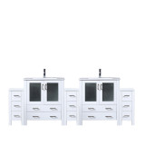 Lexora Volez 96 inch W White Double Sink Vanity Cabinet with Side Cabinet, White Ceramic Top, and Faucet Set