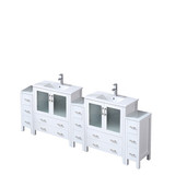 Lexora LVV96D30A601 Volez 96 inch W White Double Sink Vanity Cabinet with Side Cabinet, White Ceramic Top, and Faucet Set