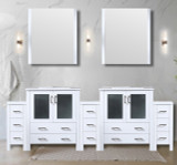 Lexora  LVV96D30A610 Volez 96 in W x 18.25 in D White Double Bath Vanity with Side Cabinets, White Ceramic Top, and 28 in Mirrors