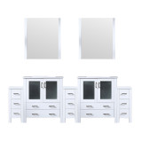 Lexora LVV96D30A610 Volez 96 inch W White Double Sink Vanity Cabinet with Side Cabinets, White Ceramic Top, and 28 in Mirrors