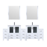 Lexora Volez 96 inch W White Double Sink Vanity Cabinet with Side Cabinets, White Ceramic Top, 28 in Mirrors, and Faucet Set