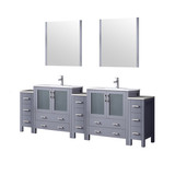 Lexora LVV96D30B611 Volez 96 inch W Dark Grey Double Sink Vanity Cabinet with Side Cabinets, White Ceramic Top, 28 in Mirrors, and Faucet Set