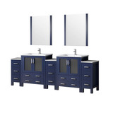Lexora LVV96D30E611 Volez 96 inch W Navy Blue Double Sink Vanity Cabinet with Side Cabinets, White Ceramic Top, 28 in Mirrors, and Faucet Set