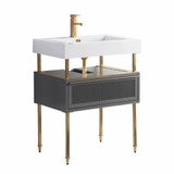 Fine Fixtures Dakota Vanity Cabinet 30 Inch Wide - Rock Grey With Satin Brass Hardware - DA30RG-DAH30SB-VEA3018W
