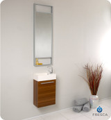 Fresca FVN8002TK Small Teak Modern Wall Hung 15'' Bathroom Vanity Cabinet W/ Tall Mirror  - Teak