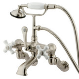 Kingston Brass Adjustable 3-3/8" - 10" Center Wall Mount Clawfoot Tub Filler Faucet with Hand Shower - Satin Nickel CC465T8