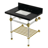 Kingston Brass Templeton 30" Black Granite Console Sink with Acrylic Legs and Shelf (8-Inch, 3-Hole), Black Granite/Brushed Brass - KVPK3030KASQB7