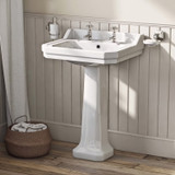 Whitehaus Isabella Collection Traditional Pedestal with Integrated Large Rectangular Bowl, Backsplash, Dual Soap Ledges, Decorative Trim and Overflow - White - B112L-P-3H