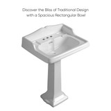 Whitehaus Isabella Collection Traditional Pedestal with an Integrated large Rectangular Bowl, Widespread Faucet Drilling, Backsplash, Dual Soap Ledges, Decorative Trim and Overflow - White - AR824-AR805-3H