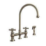 Whitehaus Vintage III Plus Bridge Faucet with Long Gooseneck Swivel Spout, Cross Handles and Solid Brass Side Spray - Brushed Nickel - WHKBTCR3-9101-NT-BN