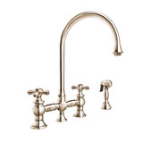 Whitehaus Vintage III Plus Bridge Faucet with Long Gooseneck Swivel Spout, Cross Handles and Solid Brass Side Spray - Polished Nickel - WHKBTCR3-9101-NT-PN