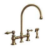 Whitehaus Vintage III Plus Bridge Faucet with Long Gooseneck Swivel Spout, Lever Handles and Solid Brass Side Spray - Antique Brass - WHKBTLV3-9101-NT-AB