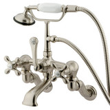 Kingston Brass Adjustable 3-3/8" - 10" Center Wall Mount Clawfoot Tub Filler Faucet with Hand Shower - Satin Nickel CC463T8