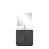 Lexora Abbey 36 inch W Black Oak Vanity Cabinet White Quartz Countertop, 34 in Mirror and Faucet Set - LVA36SJ211