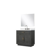 Lexora Abbey 36 inch W Black Oak Vanity Cabinet White Quartz Countertop, 34 in Mirror and Faucet Set - LVA36SJ211