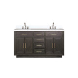 Lexora Abbey 60 inch W Brown Oak Double Sink Vanity Cabinet, White Quartz Top, and Faucet Set - LVA60DK201