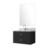 Lexora Castor 30 inch W Black Single Bath Wall Hung Vanity Cabinet Carrara Marble Countertop, 28 in Mirror and Faucet Set - LVC30SL111