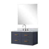 Lexora Castor 36 inch W Blue Single Bath Wall Hung Vanity Cabinet Carrara Marble Countertop, 34 in Mirror and Faucet Set - LVC36SE111