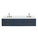 Lexora Castor 84 inch W Blue Double Sink Wall Hung Vanity Cabinet, White Quartz Top, and Faucet Set - LVC84DE201