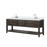 Lexora Norwalk 84 inch W Brown Oak Double Sink Vanity Cabinet, White Quartz Top, and Faucet Set - LVN84DK201