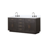 Lexora Abbey 72 inch W Brown Oak Double Sink Vanity Cabinet, White Quartz Top, and Faucet Set - LVA72DK201