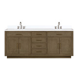 Lexora Abbey 84 inch W Grey Oak Double Sink Vanity Cabinet, White Quartz Top, and Faucet Set - LVA84DR201