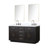 Lexora Abbey 60 inch W Black Oak Double Sink Vanity Cabinet, White Quartz Top, Faucet Set, and 28 in Mirrors - LVA60DJ211