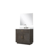 Lexora Abbey 36 inch W Brown Oak Vanity Cabinet Cultured Marble Countertop, 34 in Mirror and Faucet Set - LVA36SK311