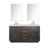 Lexora Abbey 60 inch W Brown Oak Double Sink Vanity Cabinet, White Quartz Top, Faucet Set, and 28 in Mirrors - LVA60DK211