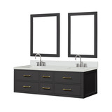 Lexora Castor 60 inch W Black Double Sink Wall Hung Vanity Cabinet, White Quartz Top, Faucet Set, and 28 in Mirrors - LVC60DL211
