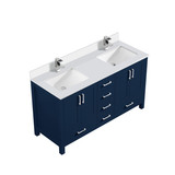 Lexora Jacques 60 in. W Navy Blue Double Sink Vanity Cabinet, Cultured Marble Top, and Faucet Set - LVJ60DE301