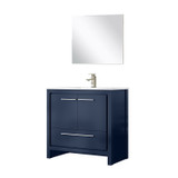 Lexora Lafarre 36 inch W x 20 in D Navy Blue Bath Vanity Cabinet, White Quartz Top, Brushed Nickel Faucet Set and 28 in Mirror - LVLF36SNB212