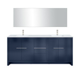 Lexora Lafarre 80 inch W x 20 in D Navy Blue Double Sink Vanity Cabinet, White Quartz Top, Brushed Nickel Faucet Set and 70 in Mirror - LVLF80DNB212
