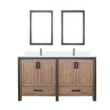 Lexora Ziva 60 inch W Rustic Barnwood Double Sink Vanity Cabinet, White Quartz Top, Faucet Set and 22 in Mirrors - LVZV60DN211