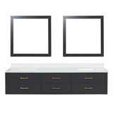 Lexora Castor 84 inch W Black Double Sink Wall Hung Vanity Cabinet, White Quartz Top, and 36 in Mirrors - LVC84DL210