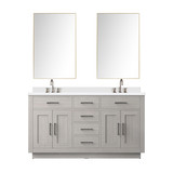 Lexora Abbey 60 inch W White Oak Double Sink Vanity Cabinet White Quartz Countertop, 55 in Mirror and Faucet Set - LVA60DM211