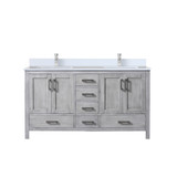 Lexora Jacques 60 in. W Distressed Grey Double Sink Vanity Cabinet, White Quartz Top, and Faucet Set - LVJ60DD201