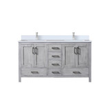 Lexora Jacques 60 in. W Distressed Grey Double Sink Vanity Cabinet, Cultured Marble Top, and Faucet Set - LVJ60DD301