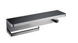 Lexora Bagno Bianca Stainless Steel Black Glass Shelf with Towel Bar & Robe Hook in Gun Metal - LSTR18152GMBG