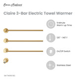 Swiss Madison SM-TW0901BG Claire 3-Bar Electric Towel Warmer - Brushed Gold