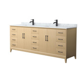 Wyndham Janna 84 Inch Double Bathroom Vanity in White Oak, White Carrara Marble Countertop, Undermount Square Sinks, Matte Black Trim - WCH757584DHBCMUNSMXX Wyndham Janna 84 Inch Double Bathroom Vanity in White Oak, White Carrara Marble Countertop, Undermount Square Sinks, Matte Black Trim - WCH757584DHBCMUNSMXX