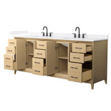 Wyndham Janna 84 Inch Double Bathroom Vanity in White Oak, White Quartz Countertop, Undermount Square Sinks (3-Hole), Matte Black Trim - WCH757584DHBWQUS3MXX Wyndham Janna 84 Inch Double Bathroom Vanity in White Oak, White Quartz Countertop, Undermount Square Sinks (3-Hole), Matte Black Trim - WCH757584DHBWQUS3MXX