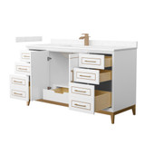 Wyndham Marlena 60 Inch Single Bathroom Vanity in White, Carrara Cultured Marble Countertop, Undermount Square Sink, Satin Bronze Trim - WCH515160SWZC2UNSMXX Wyndham Marlena 60 Inch Single Bathroom Vanity in White, Carrara Cultured Marble Countertop, Undermount Square Sink, Satin Bronze Trim - WCH515160SWZC2UNSMXX