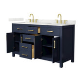 Wyndham Beckett 60 Inch Double Bathroom Vanity in Dark Blue, Giotto Quartz Countertop, Undermount Square Sinks (3-Hole), Brushed Gold Trim - WCG242460DBLGTUS3MXX Wyndham Beckett 60 Inch Double Bathroom Vanity in Dark Blue, Giotto Quartz Countertop, Undermount Square Sinks (3-Hole), Brushed Gold Trim - WCG242460DBLGTUS3MXX