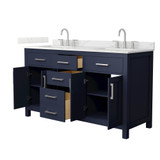 Wyndham Beckett 60 Inch Double Bathroom Vanity in Dark Blue, Giotto Quartz Countertop, Undermount Square Sinks (3-Hole), Brushed Nickel Trim - WCG242460DBNGTUS3MXX Wyndham Beckett 60 Inch Double Bathroom Vanity in Dark Blue, Giotto Quartz Countertop, Undermount Square Sinks (3-Hole), Brushed Nickel Trim - WCG242460DBNGTUS3MXX