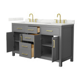 Wyndham Beckett 60 Inch Double Bathroom Vanity in Dark Gray, Giotto Quartz Countertop, Undermount Square Sinks (3-Hole), Brushed Gold Trim - WCG242460DGGGTUS3MXX