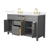 Wyndham Beckett 60 Inch Double Bathroom Vanity in Dark Gray, White Quartz Countertop, Undermount Square Sinks (3-Hole), Brushed Gold Trim - WCG242460DGGWQUS3MXX Wyndham Beckett 60 Inch Double Bathroom Vanity in Dark Gray, White Quartz Countertop, Undermount Square Sinks (3-Hole), Brushed Gold Trim - WCG242460DGGWQUS3MXX
